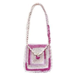 Hand Crafted Crochet Kids Granny Square Bag White Pink Button Closer kidcore